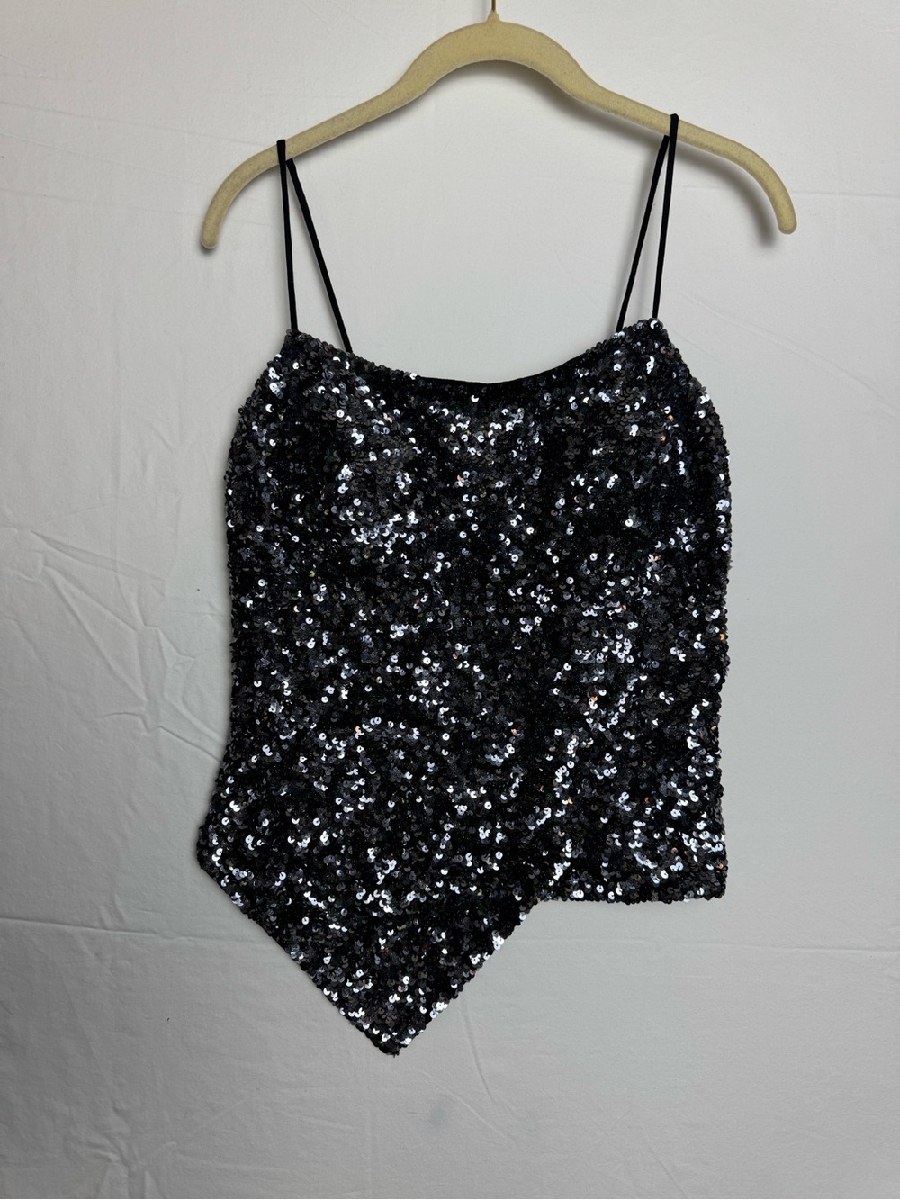 Vintage Cache Silk Sequin Asymmetrical Black Cami Glam Vampy Y2K 90s Black M